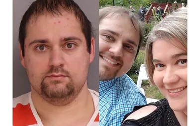 Left: Man with brown hair and beard staring into camera wearing orange and white striped shirt. Right: Man with brown hair wearing blue stripped shirt smiling next to woman with short blonde hair wearing black top.