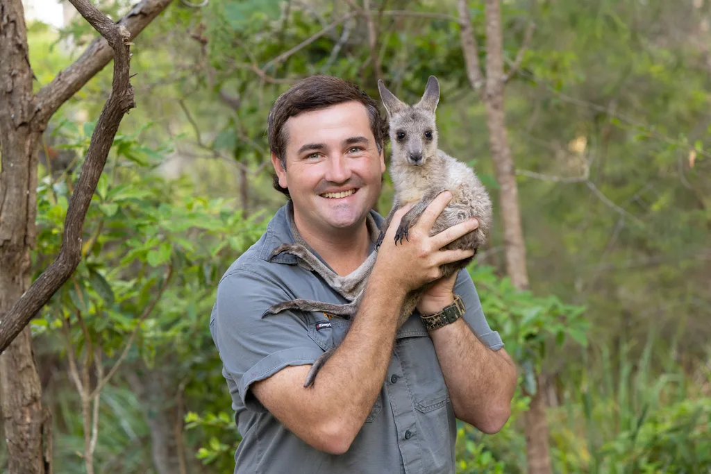 Image of zoo keeper holding kangaroo joey