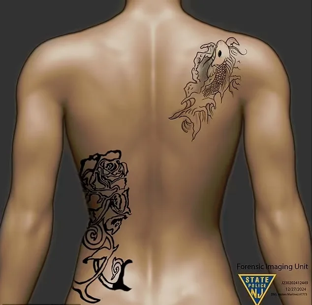 Hughes' two tattoos and a mock-up graphic of them on a woman's back as they tried to identify the body