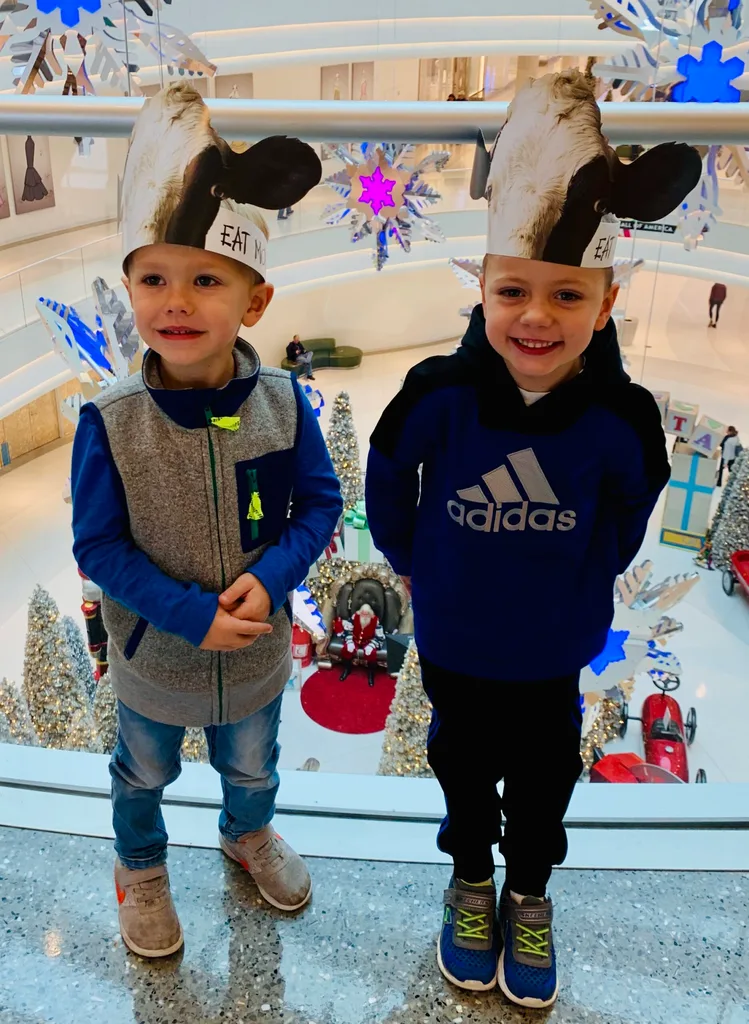 Image of two children at the shops. The boy on the left is wearing a grey vest over a long-sleeve blue shirt and blue jeans. The boy on ther right is wearing a dark blue hoodie and dark pants. They both have cardboard hats on with cow's faces