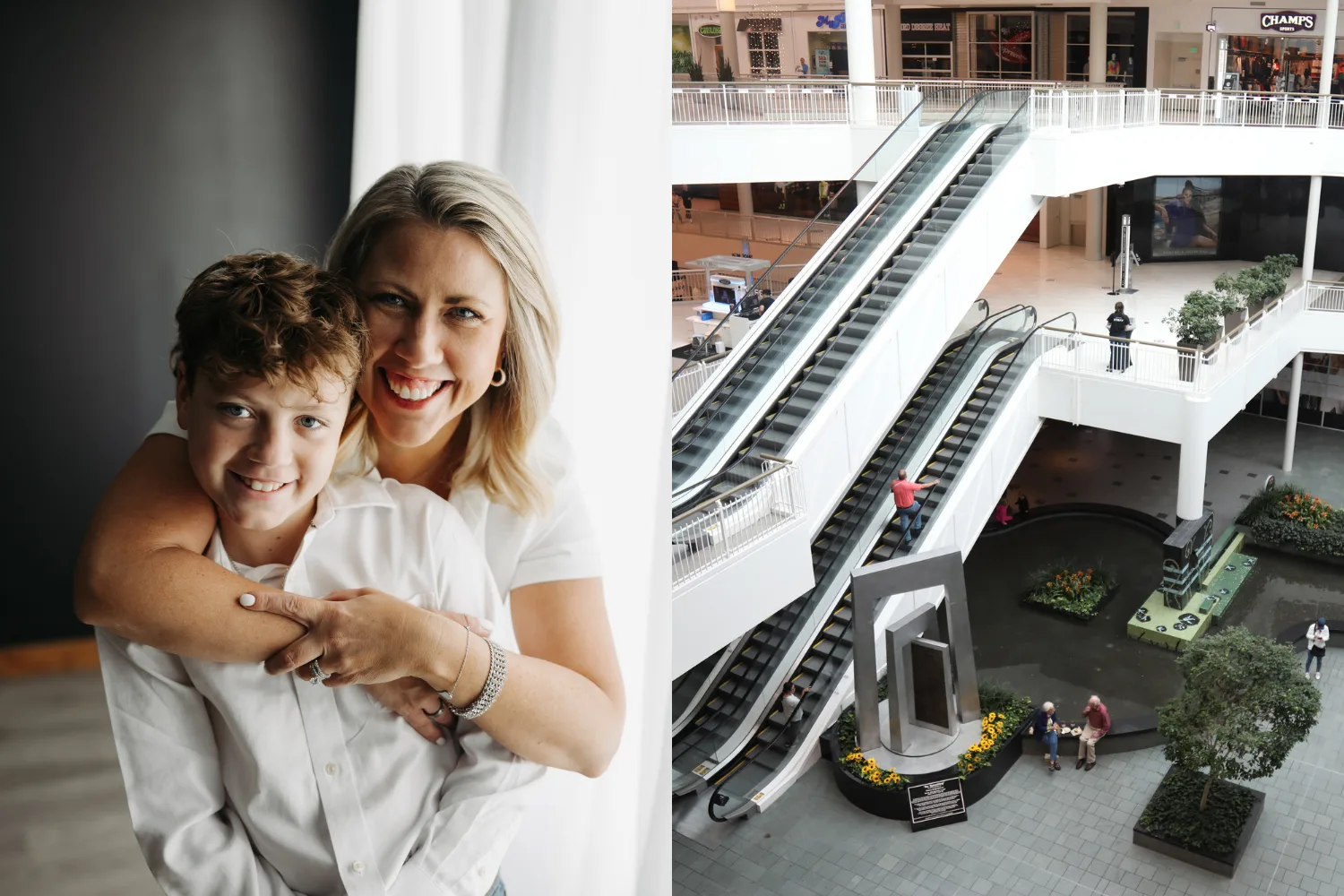 Left image - Mum and son Right image - shopping centre