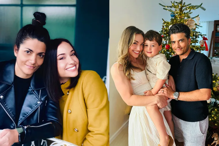 Left image - happy couple Right image - mother, father and son