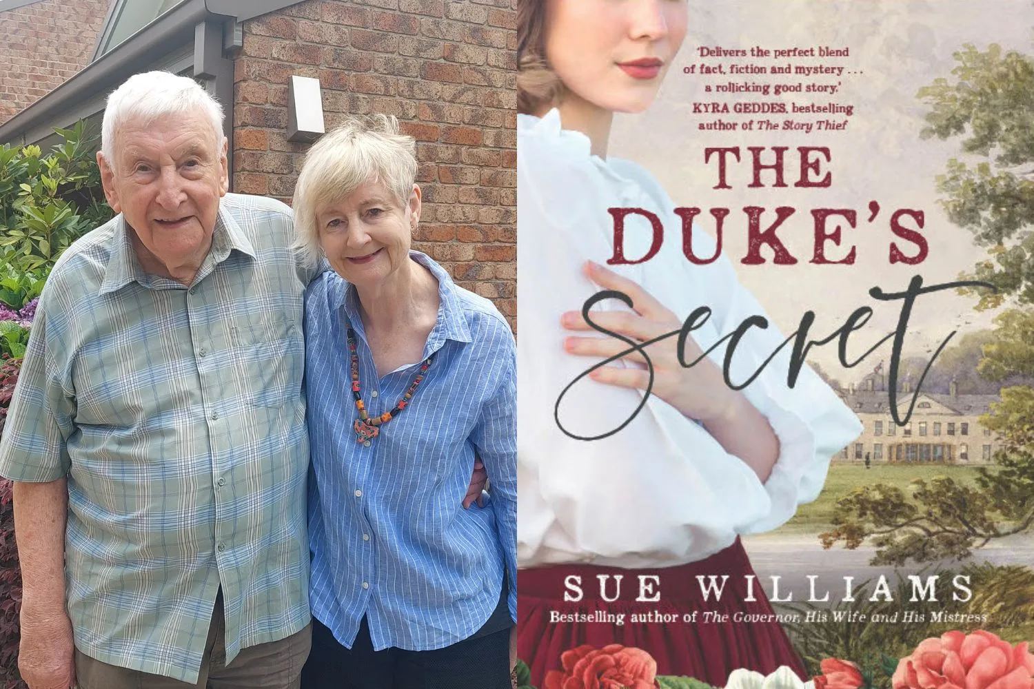 L: Sue with her dad. R: The Duke's Secret book cover