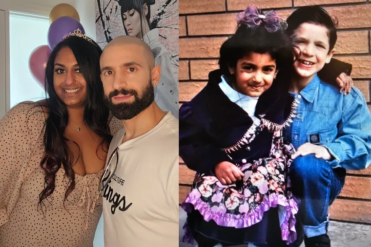 Left: Woman with black hair wearing brown dress and a tiara, smiling. Right: Man with black bear, wearing white shirt, wrapping arm around woman and smilling. Right: Little girl with black hair wearing purple dress wrapping arm around little boy.