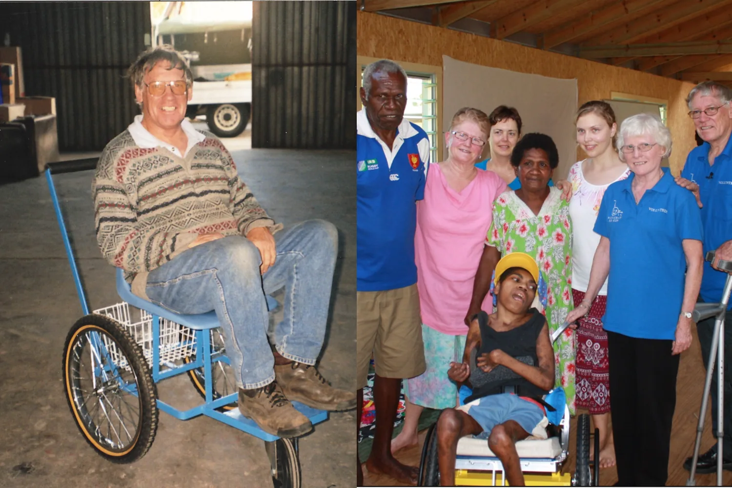 Left: Man wearing brown sweater and jeans sitting on a makeshift wheelchair outside a warehouse. Right: Two men and one woman wearing blue uniforms alongside several people who are smiling behind boy in a wheelchair.