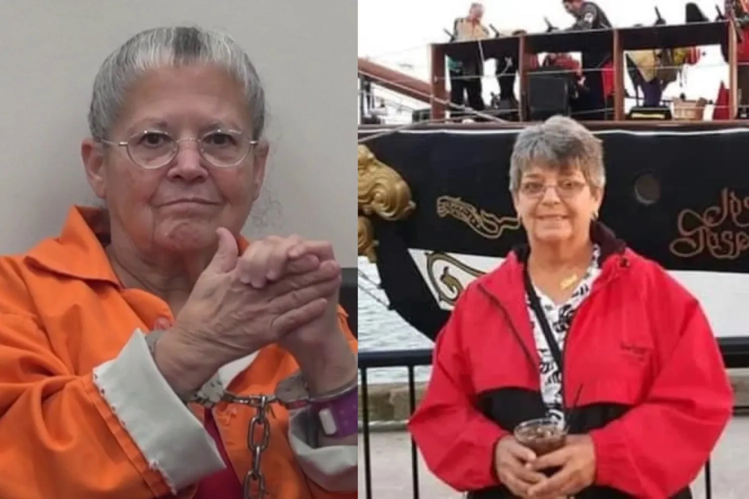Left Elderly woman in orange prison suit sitting down with hand cuffs on staring at camera. Right : Elderly woman wearing rea jacket and glasses standing in front of a ship deck and smiling at camera.