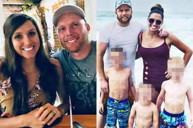 left: Woman with long brown hair wearing brown printed top smiling next to man wearing grey top and hat. Right: Man wearing great shirt and hat wrapping arms around woman wearing purple bathing suit and sunglasses standing behind three young boys. All are at the beach.