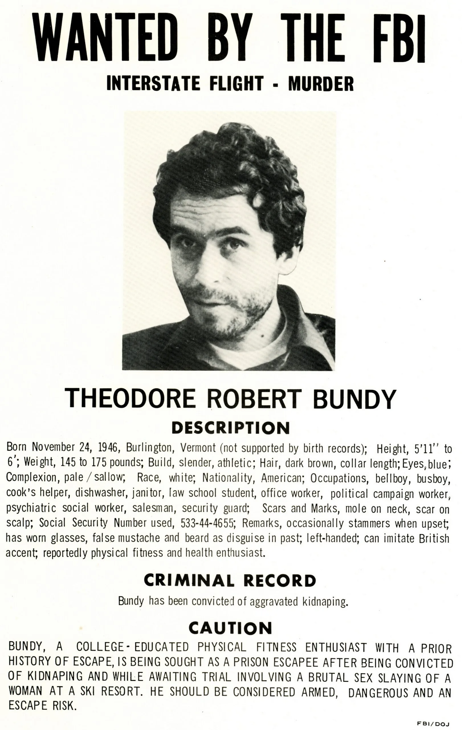 Black and white poster of killer Ted Bundy.