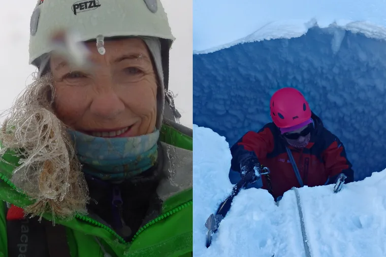 Left image - woman on hike Right image - woman climbing in snow