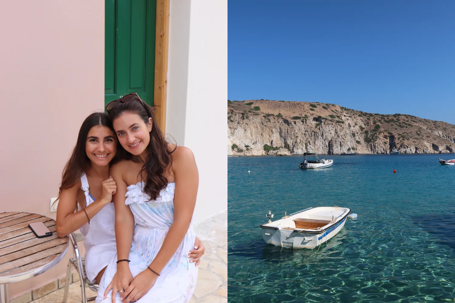 Left image - Two girls in greece Right image - Mandrakia beach Milos