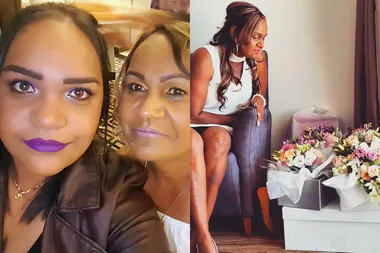 Left: Woman with purple lipstick and glittery purple eyeshadow, dark hair next to woman with golden sparkly eyeshadow and blonde hair smilling at camera. Right: Woman wearing a white dress sitting on a purple couch staring down at bouquet of flowers on the floor.