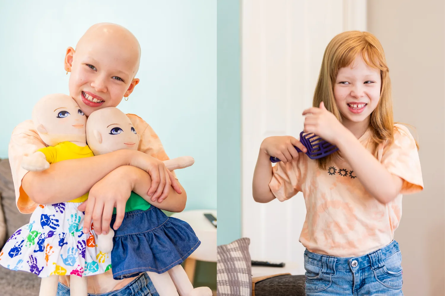 Left : Little girl with no hair, wearing orange top and holding two dolls and smilling at camera. Right: Young girl wearing blonde wig and brushing her hair while smilling away from camera.
