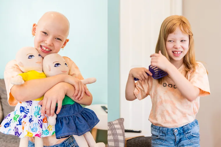 Left : Little girl with no hair, wearing orange top and holding two dolls and smilling at camera. Right: Young girl wearing blonde wig and brushing her hair while smilling away from camera.