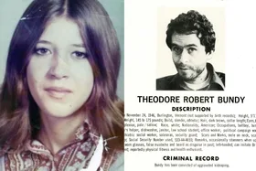 Left: Picture of young girl wearing blue patterned shirt, with long brown hair, looking into camera. Right: Black and white poster of Ted Bundy.