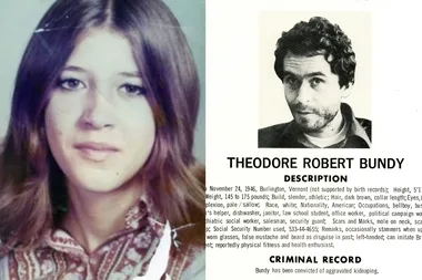 Left: Picture of young girl wearing blue patterned shirt, with long brown hair, looking into camera. Right: Black and white poster of Ted Bundy.