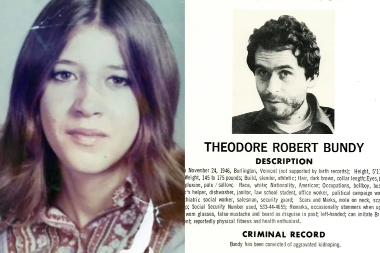 Left: Picture of young girl wearing blue patterned shirt, with long brown hair, looking into camera. Right: Black and white poster of Ted Bundy.