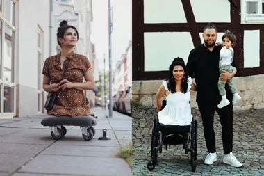 Left image - Disabled woman riding on a skateboard Right image - woman in wheelchair with her family