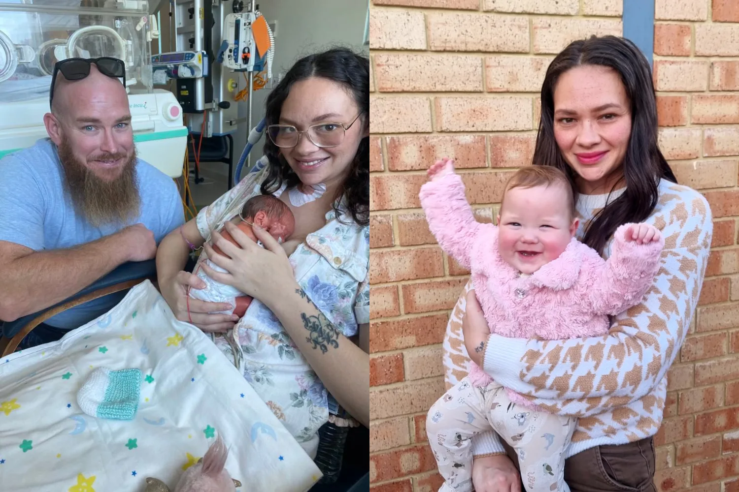 Left image - Woman in hospital after giving birth in coma. Right image - Woman and toddler thriving