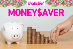 Piggy bank and coin pile with heading Moneysaver and that's life! logo
