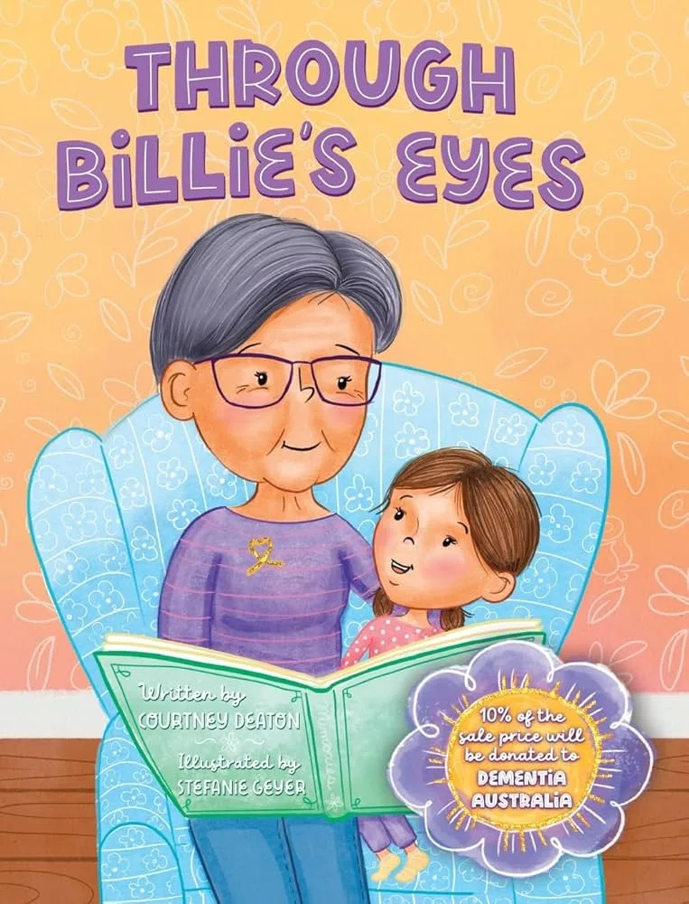 Colourful book cover of elderly woman reading green book to little girl and both staring at each other.
