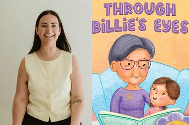 Left: Woman with long brown hair, sitting on top of stool smilling at camera. Right: Colourful book cover of elderly woman reading green book to little girl and both staring at each other.