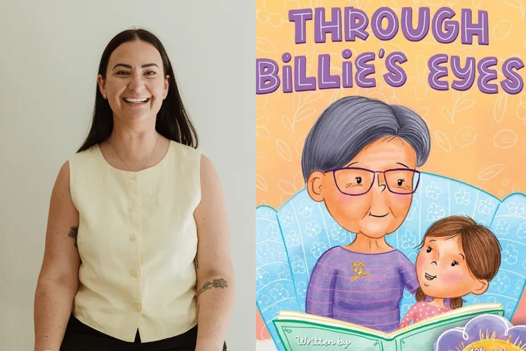 Left: Woman with long brown hair, sitting on top of stool smilling at camera. Right: Colourful book cover of elderly woman reading green book to little girl and both staring at each other.