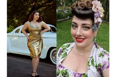 Right: Woman with a pin up bun and flower accessories in her hair, wearing floral vintage dress and smilling at camera. Left: Woman wearing long golden sparkly dress, posing infront of blue vintage car.