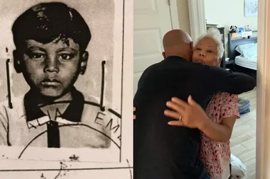 Left: Passport picture of little boy. Right: Man hugging elderly woman, wearing floral top.