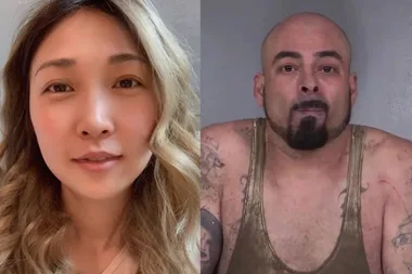 Left: Woman with long blonde hair in curls, wearing pink top, smilling at camera. Right: Man wearing brown singlet with tattoos staring at camera.