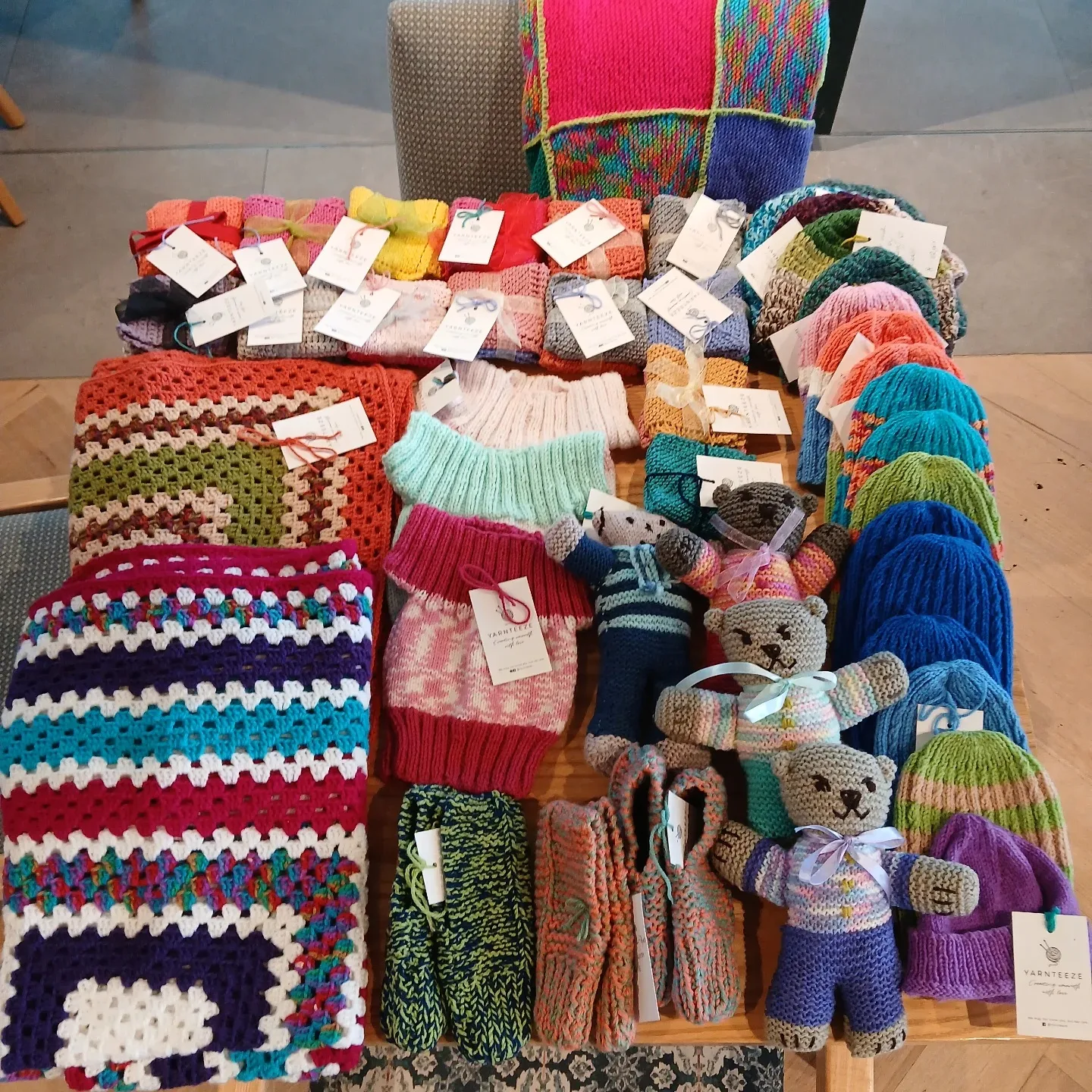 knitted hats, bears, blankets