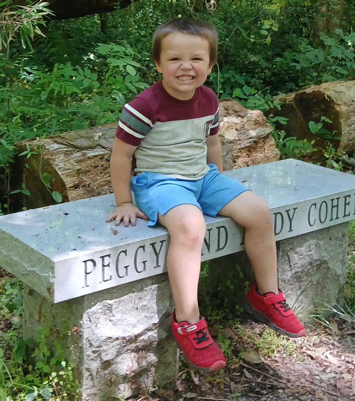 Little boy wearing red shirt and blue shorts sitting on top of stone structure and smilling at camera.