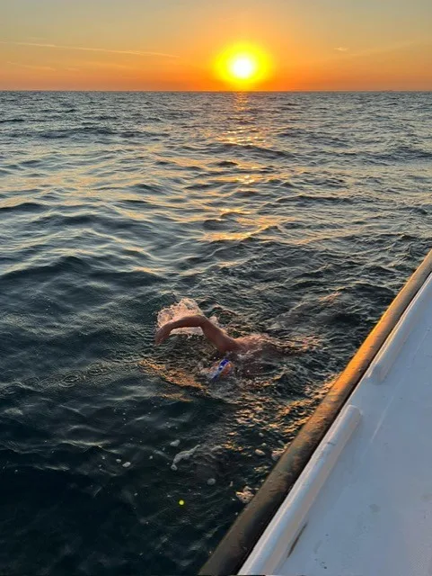 Man swimming while sun setting.