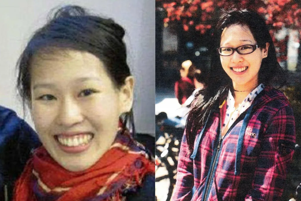 Two head shots of a smiling young woman