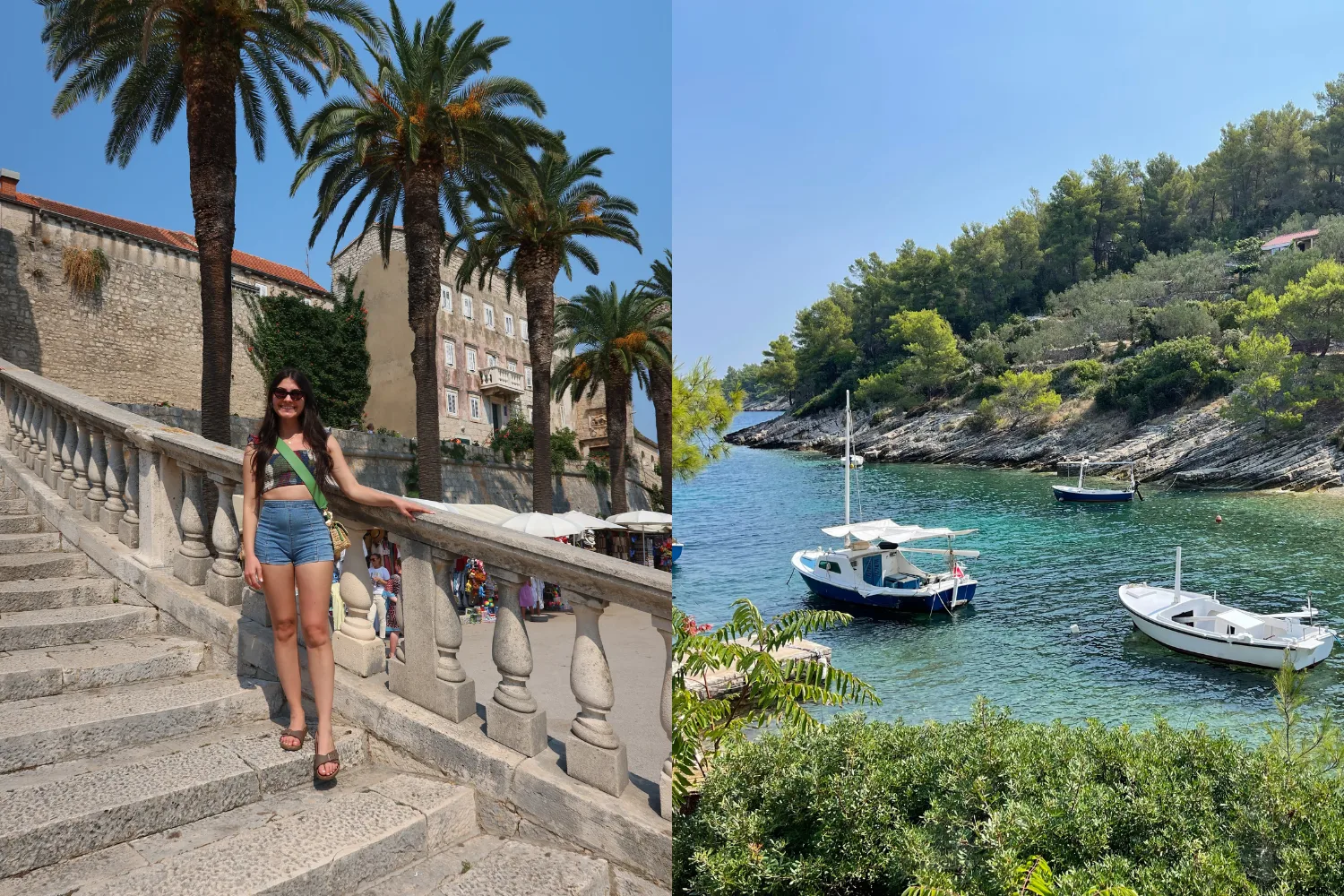 Left image - Woman standing on steps in old town korcula Image on right - prihonja beach
