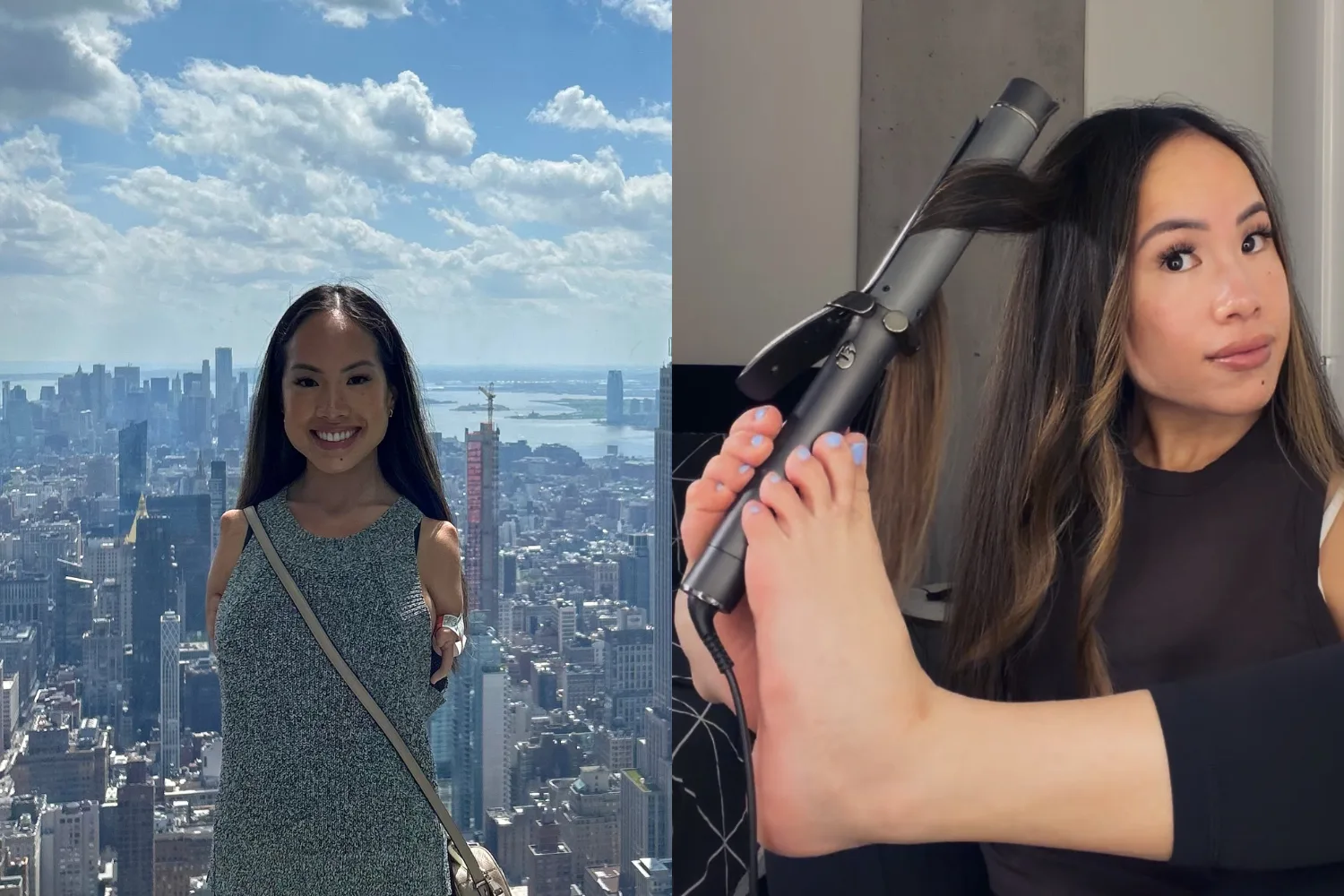Left image - woman with no arms on holiday Right image - woman using feet to curl hair
