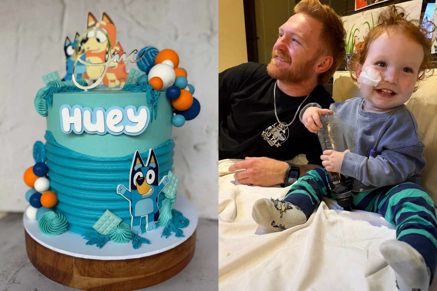 Left image - Bluey birthday cake Right image - Little boy recovering in hospital