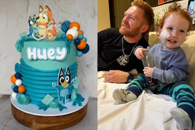 Left image - Bluey birthday cake Right image - Little boy recovering in hospital