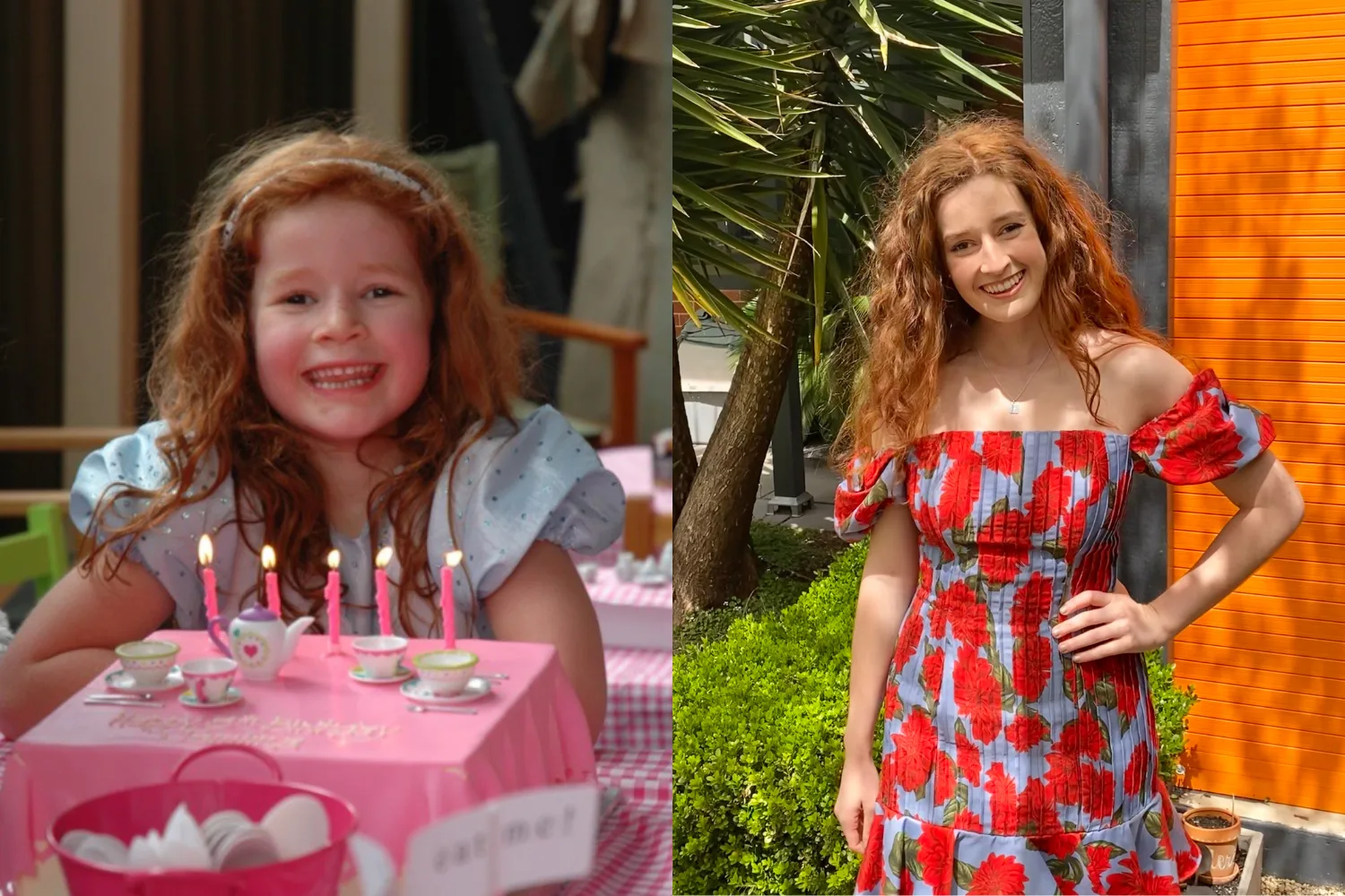 Left image - Little girl with red curly hair on 5th birthday Right image - Woman with red curly hair