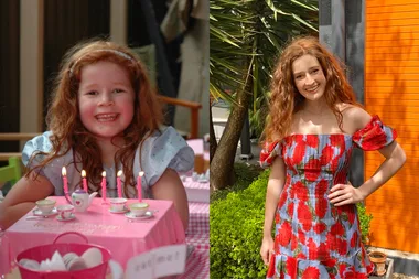 Left image - Little girl with red curly hair on 5th birthday Right image - Woman with red curly hair