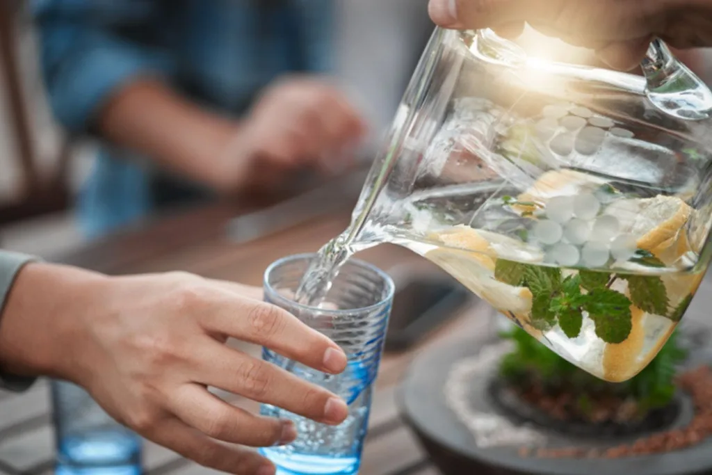 A glass being poured from a jug of water