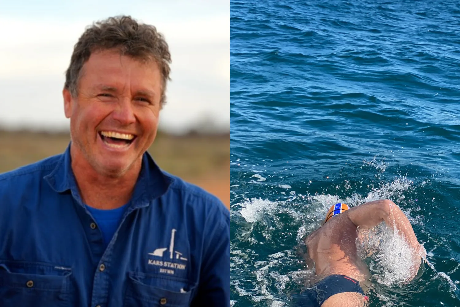 Left: Man with grey hair, wearing a blue work shirt and smilling at camera in the outback. Right: Man swimming in open ocean.