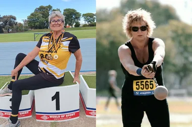 Left: Woman wearing yellow sports top, with multiple medals sitting on top of position 1 block. Right: Woman wearing black jumpsuit and sunglasses and practising shotput.