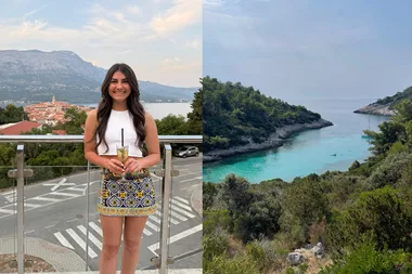 Left: Photo of woman with long hair, holding drink at a restaurant. Right: Photo of Žitna beach.