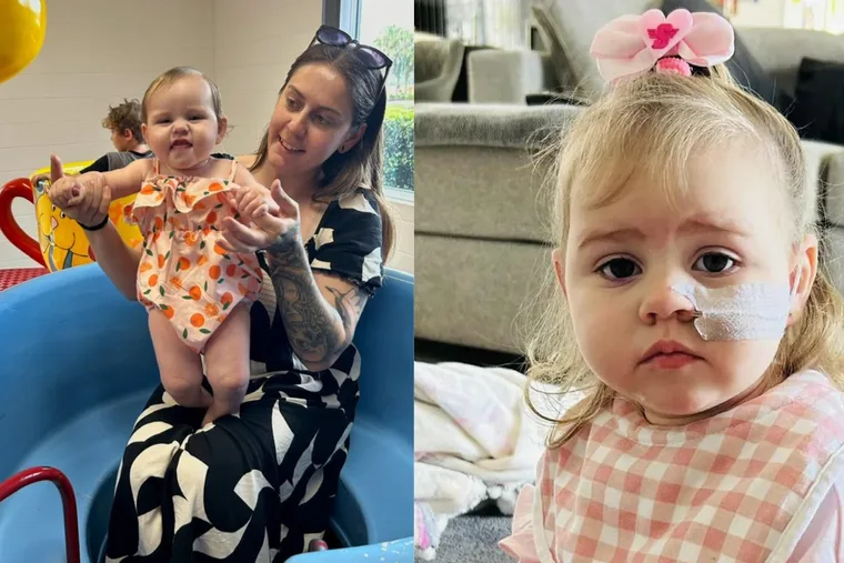 Left: Woman wearing black outfit holding baby and sitting on blue chair. Right: Little girl wearing pink outfit with feeding tube attached to mouth.
