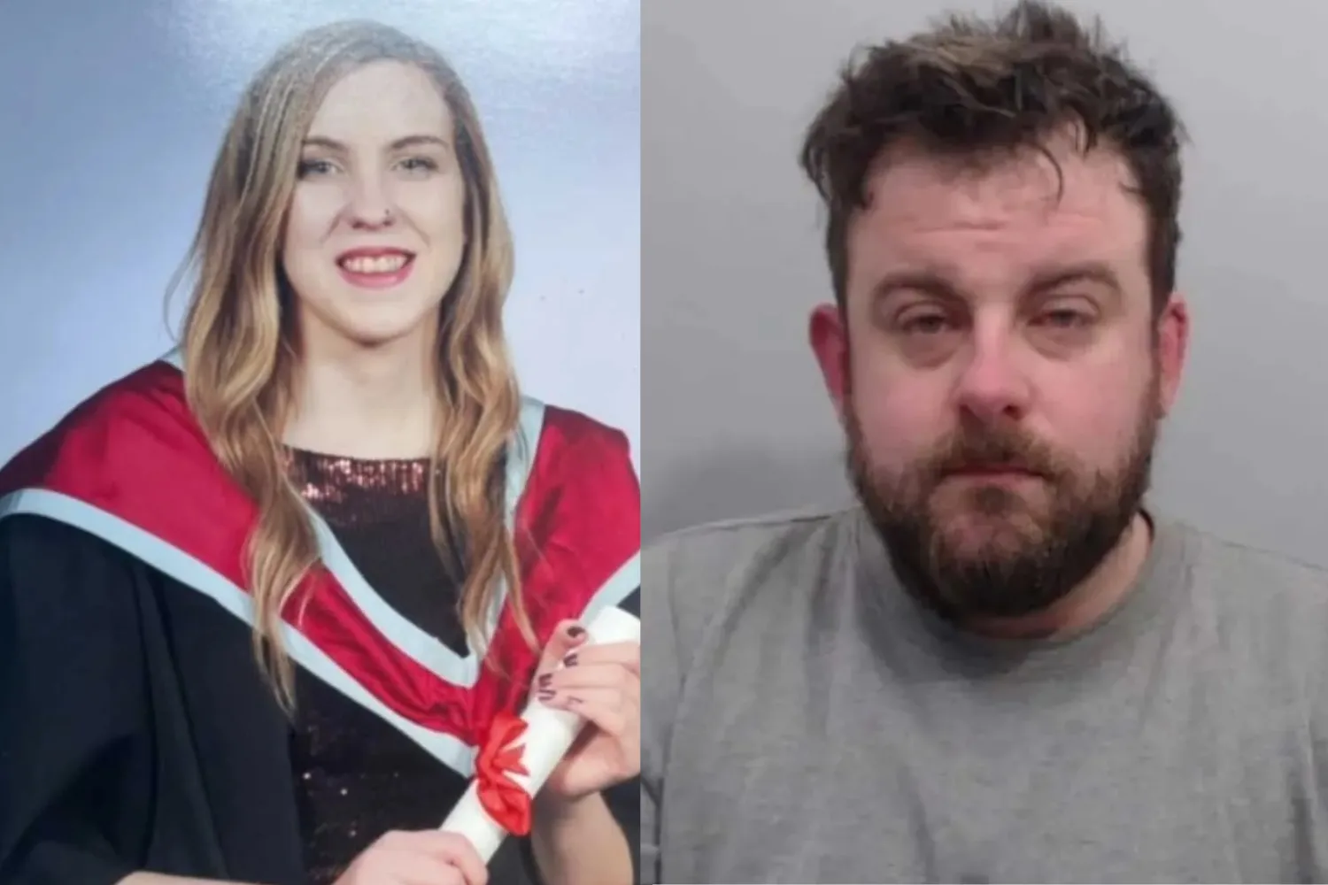 Left: Woman with blonde hair wearing graduation cape and holding certificate and smilling at camera. Right: Mugshot of man wearing grey shirt.