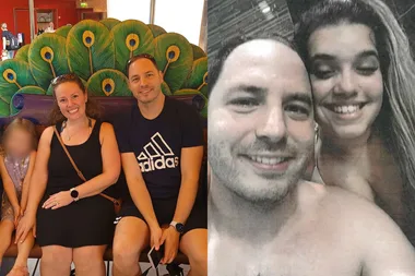 Left: Man wearing black shirt and shorts sitting next to woman wearing black dress, next to a child. All smilling at camera. Right: Man and woman in a bath tub.