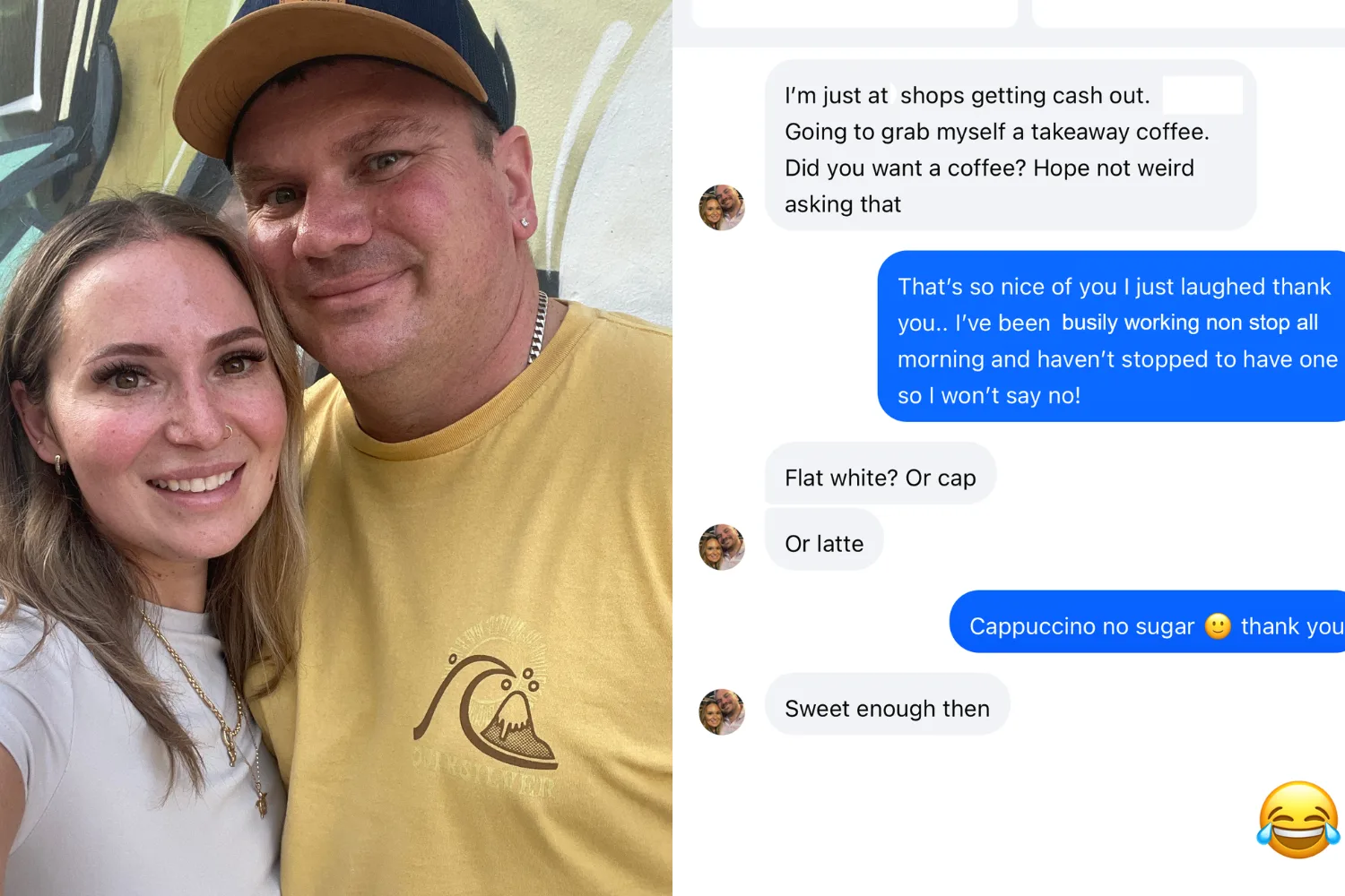 Left: Woman with long hair, wearing white top and smilling next to man wearing yellow shirt. Right: Photo of text exchange.