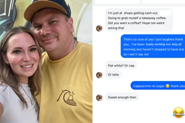 Left: Woman with long hair, wearing white top and smilling next to man wearing yellow shirt. Right: Photo of text exchange.