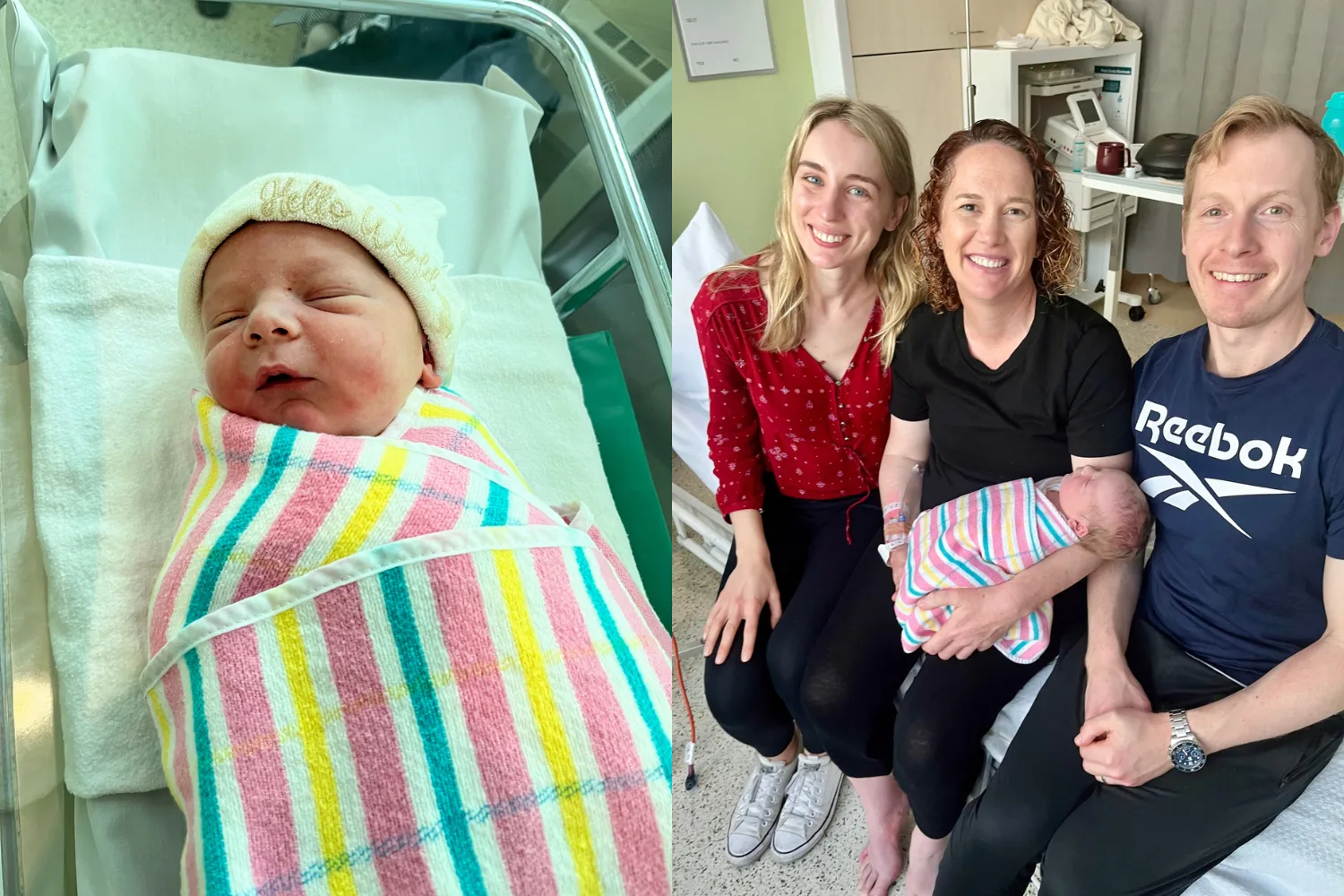 Left image - newborn in blanket Right image - newborn with parents and surrogate