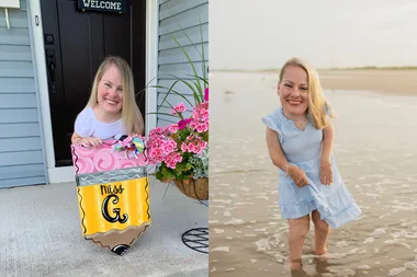left image - tiny teacher right image - woman with dwarfism at the beach